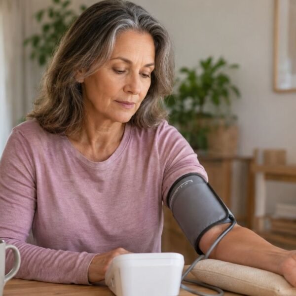 Mulher 50+ medindo a pressão em casa com aparelho de braço, representando pressão alta mascarada na menopausa.