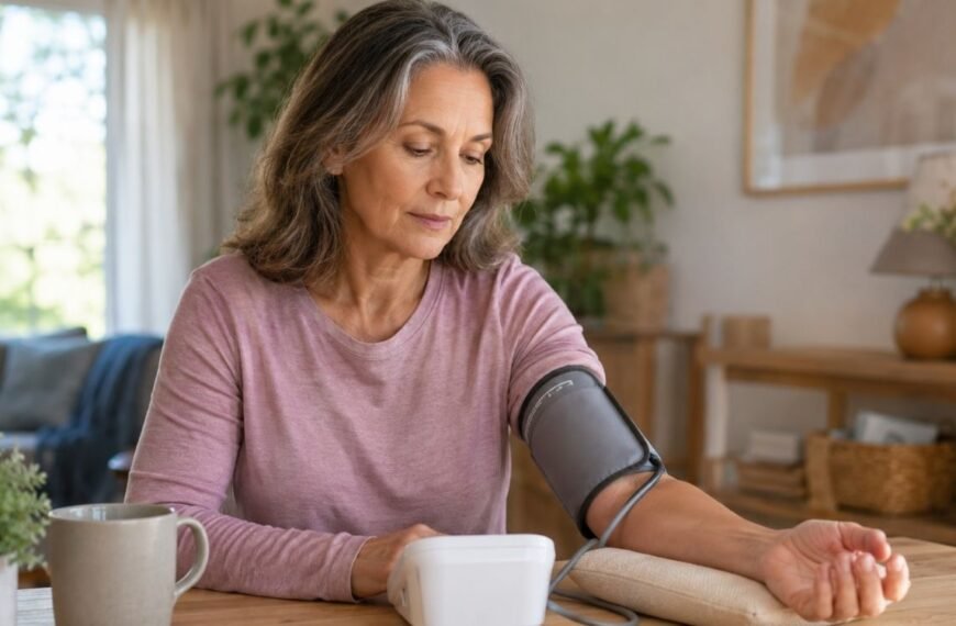 Mulher 50+ medindo a pressão em casa com aparelho de braço, representando pressão alta mascarada na menopausa.