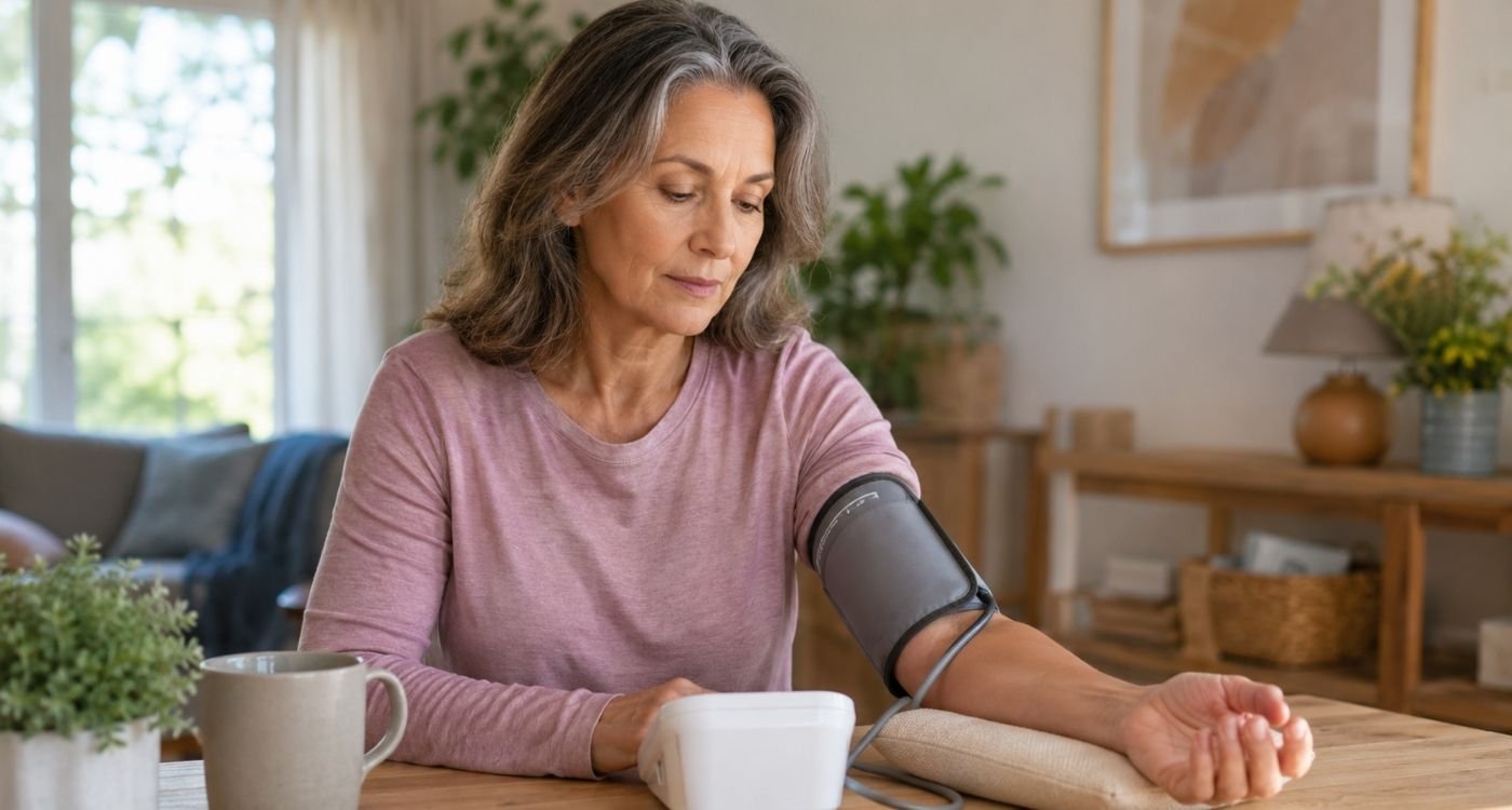 Mulher 50+ medindo a pressão em casa com aparelho de braço, representando pressão alta mascarada na menopausa.