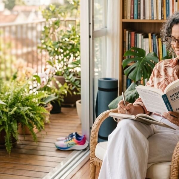 Mulher 50+ lendo e cuidando da reserva cognitiva na menopausa em ambiente acolhedor.