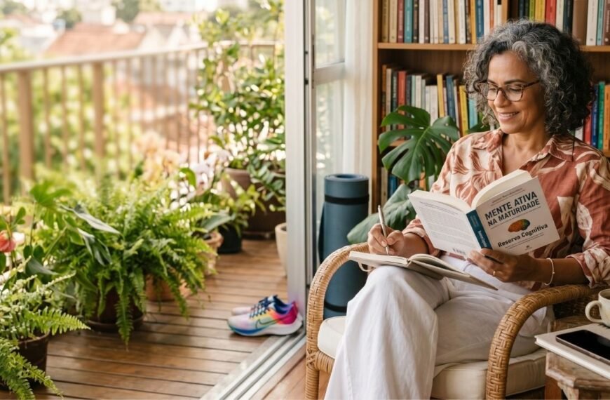 Mulher 50+ lendo e cuidando da reserva cognitiva na menopausa em ambiente acolhedor.