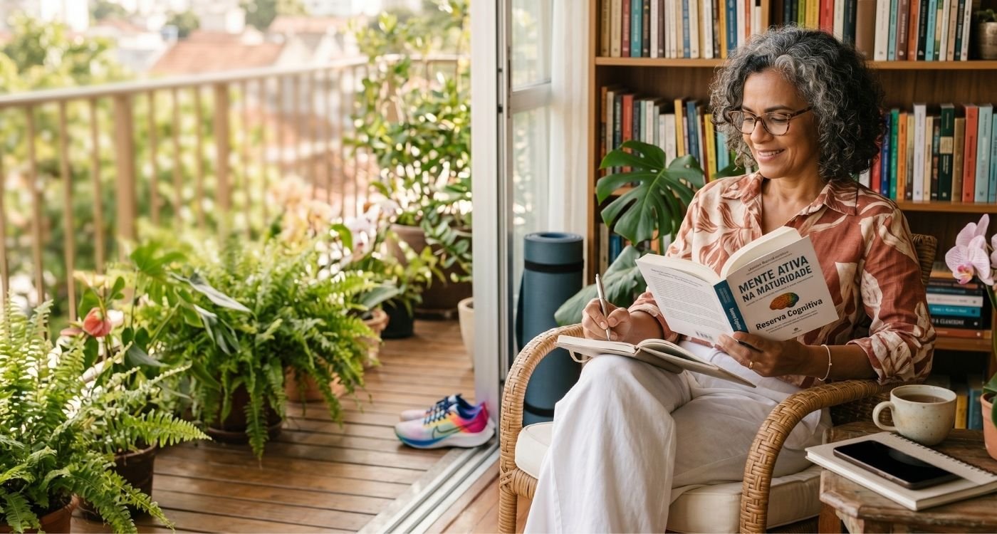 Mulher 50+ lendo e cuidando da reserva cognitiva na menopausa em ambiente acolhedor.