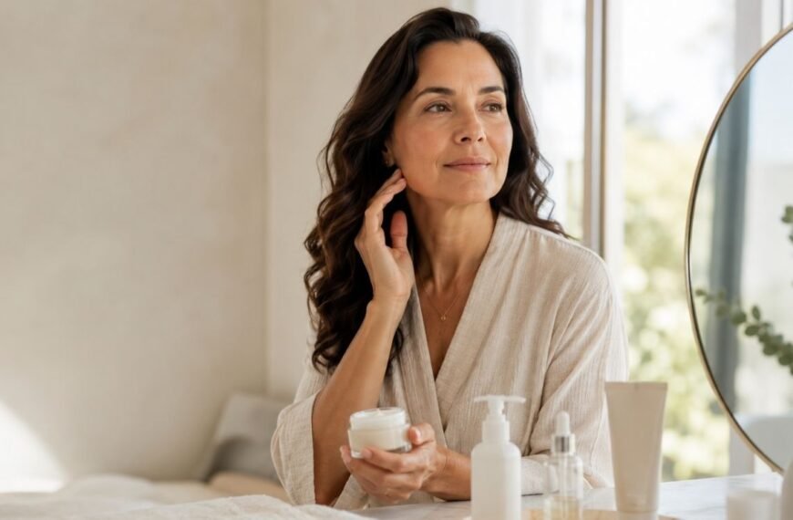 Mulher 50+ em rotina de autocuidado da pele, ilustrando skin longevity na menopausa.