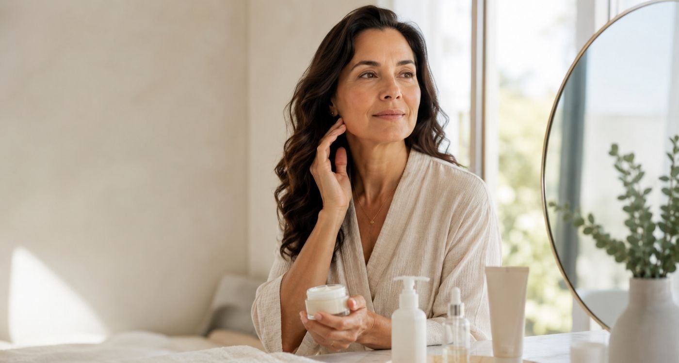 Mulher 50+ em rotina de autocuidado da pele, ilustrando skin longevity na menopausa.