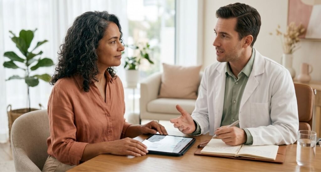 Mulher em consulta médica discutindo terapia hormonal na menopausa com segurança e clareza.