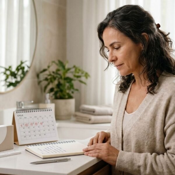 Mulher na perimenopausa observando testes de menopausa em casa sobre a bancada, com calendário menstrual e anotações de sintomas.