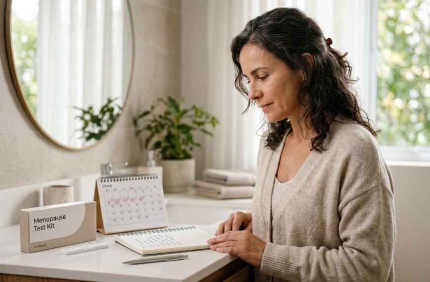 Mulher na perimenopausa observando testes de menopausa em casa sobre a bancada, com calendário menstrual e anotações de sintomas.