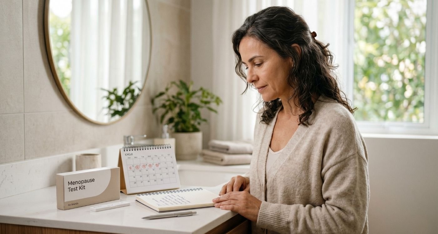 Mulher na perimenopausa observando testes de menopausa em casa sobre a bancada, com calendário menstrual e anotações de sintomas.
