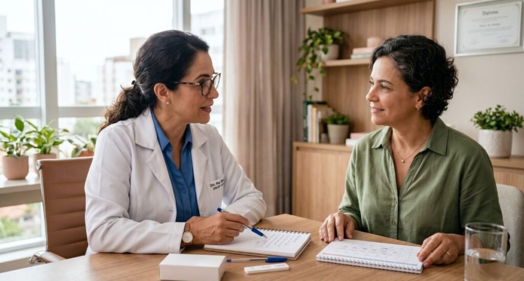 Mulher na perimenopausa conversa com médica sobre testes de menopausa em casa, com calendário menstrual e anotações de sintomas sobre a mesa.