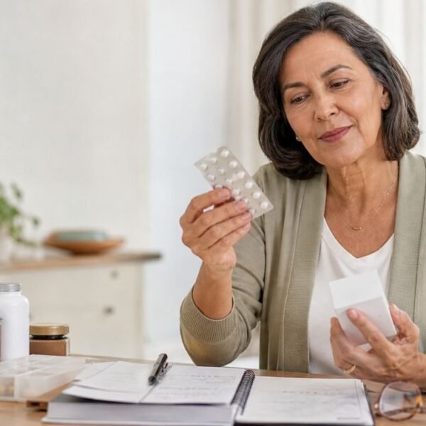 mulher 50+ organizando medicamentos na menopausa com suplementos e anotações de consulta