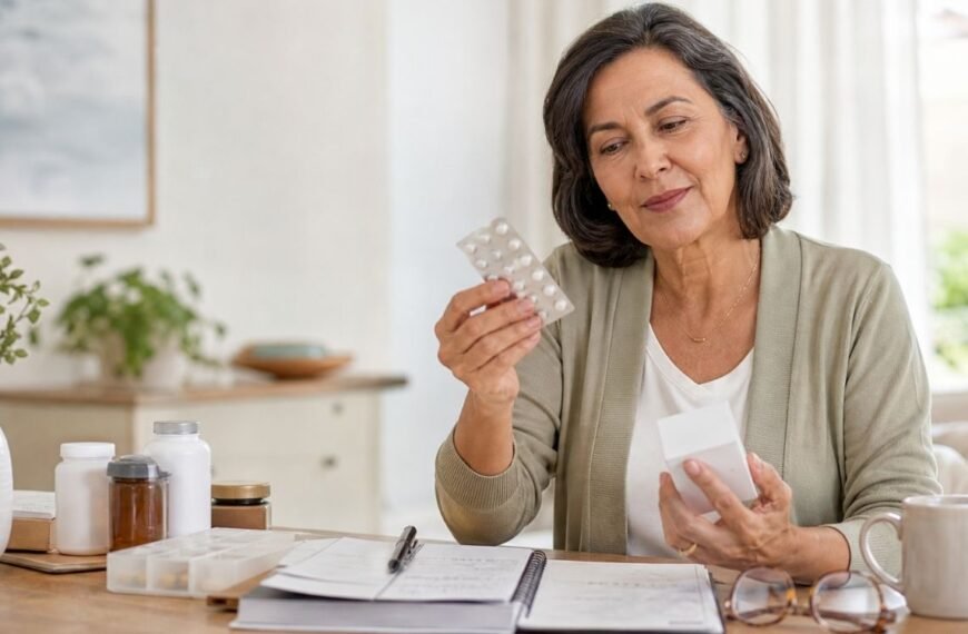 mulher 50+ organizando medicamentos na menopausa com suplementos e anotações de consulta