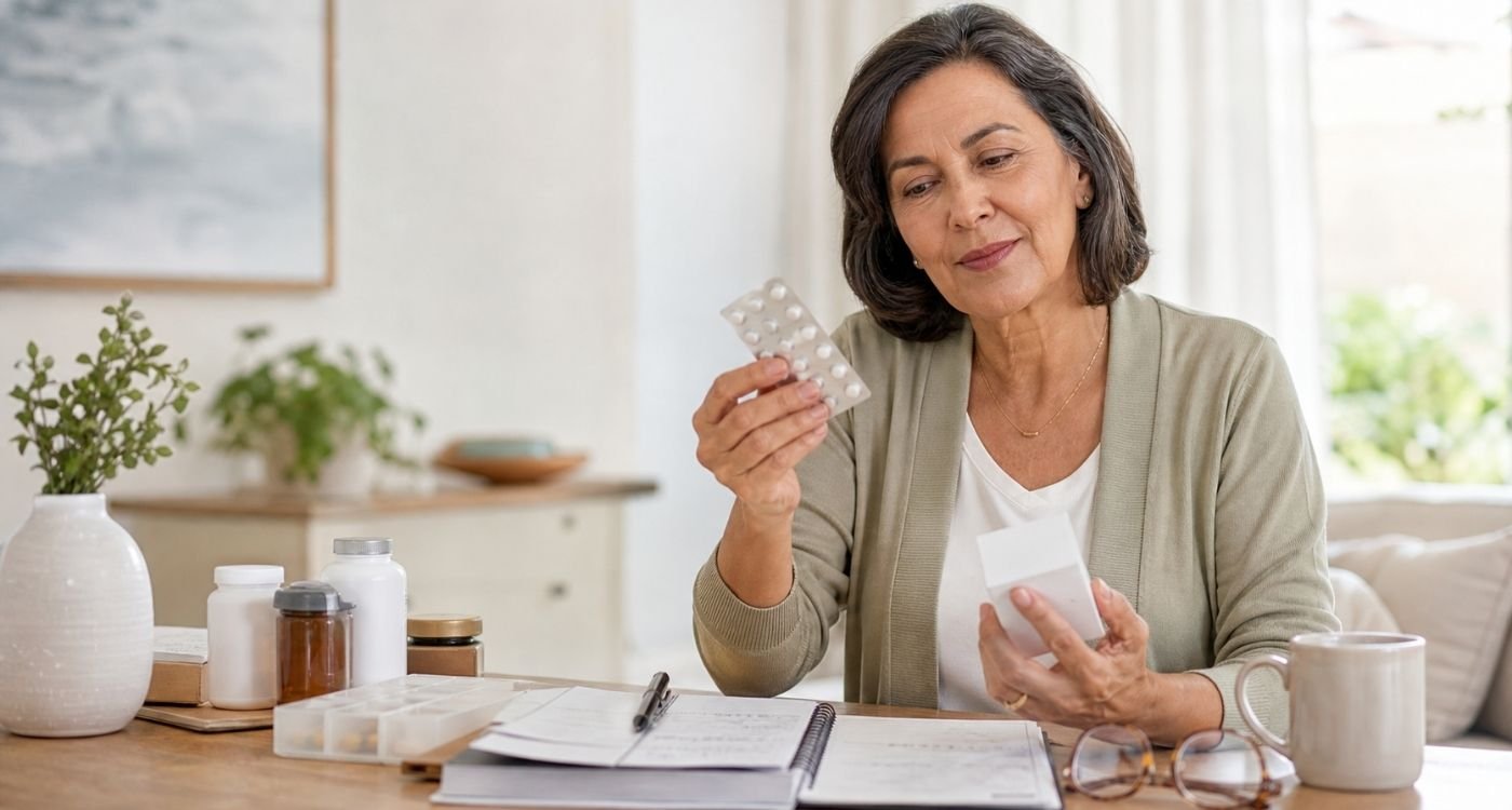 mulher 50+ organizando medicamentos na menopausa com suplementos e anotações de consulta