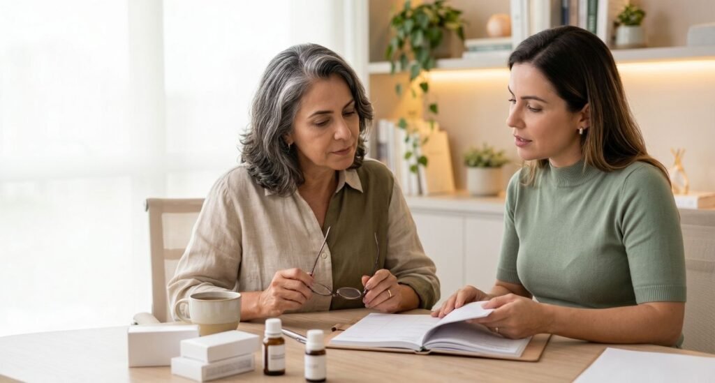 mulher 40+ em consulta médica revisando seus medicamentos na menopausa.