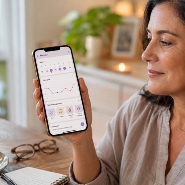 Mulher na perimenopausa usando celular com apps de menopausa para acompanhar sintomas com segurança.