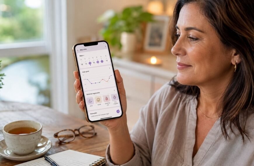 Mulher na perimenopausa usando celular com apps de menopausa para acompanhar sintomas com segurança.