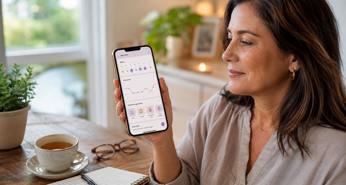Mulher na perimenopausa usando celular com apps de menopausa para acompanhar sintomas com segurança.