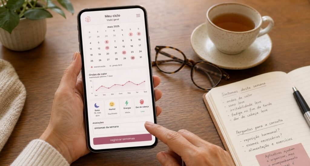 Smartphone com apps de menopausa mostrando sintomas da perimenopausa ao lado de caderno de anotações.