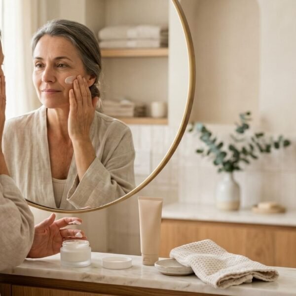 Mulher madura aplicando hidratante no rosto para cuidar da barreira cutânea na menopausa.