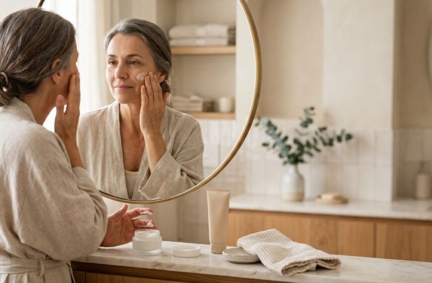 Mulher madura aplicando hidratante no rosto para cuidar da barreira cutânea na menopausa.