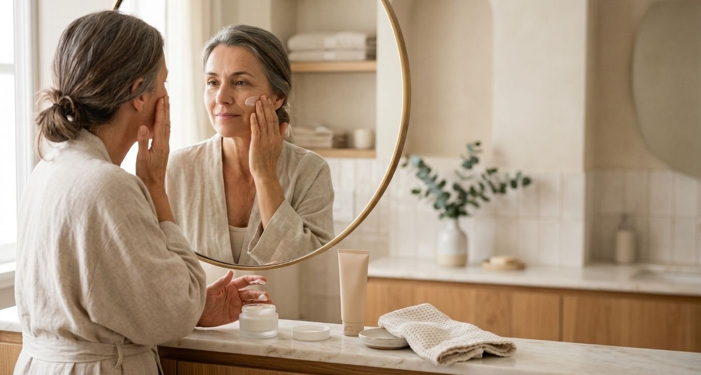 Mulher madura aplicando hidratante no rosto para cuidar da barreira cutânea na menopausa.