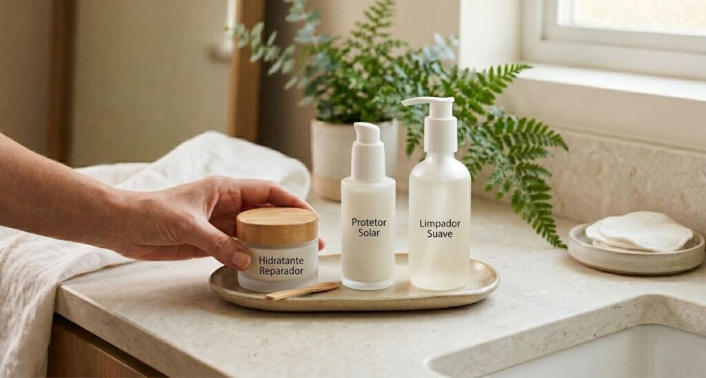 Produtos suaves de skincare para reparar a barreira cutânea na menopausa.