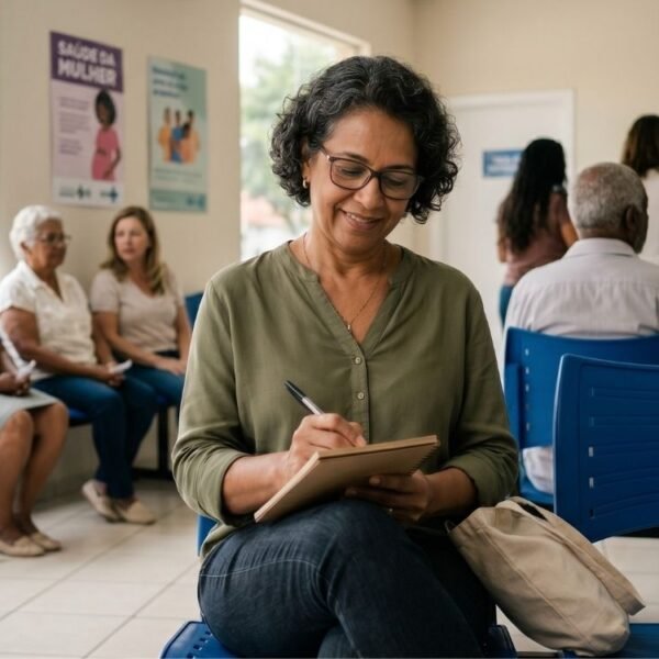 Mulher anotando sintomas antes da consulta na UBS, em guia prático sobre climatério no SUS.
