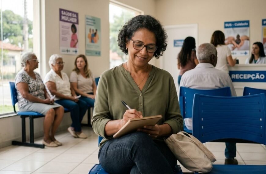 Mulher anotando sintomas antes da consulta na UBS, em guia prático sobre climatério no SUS.