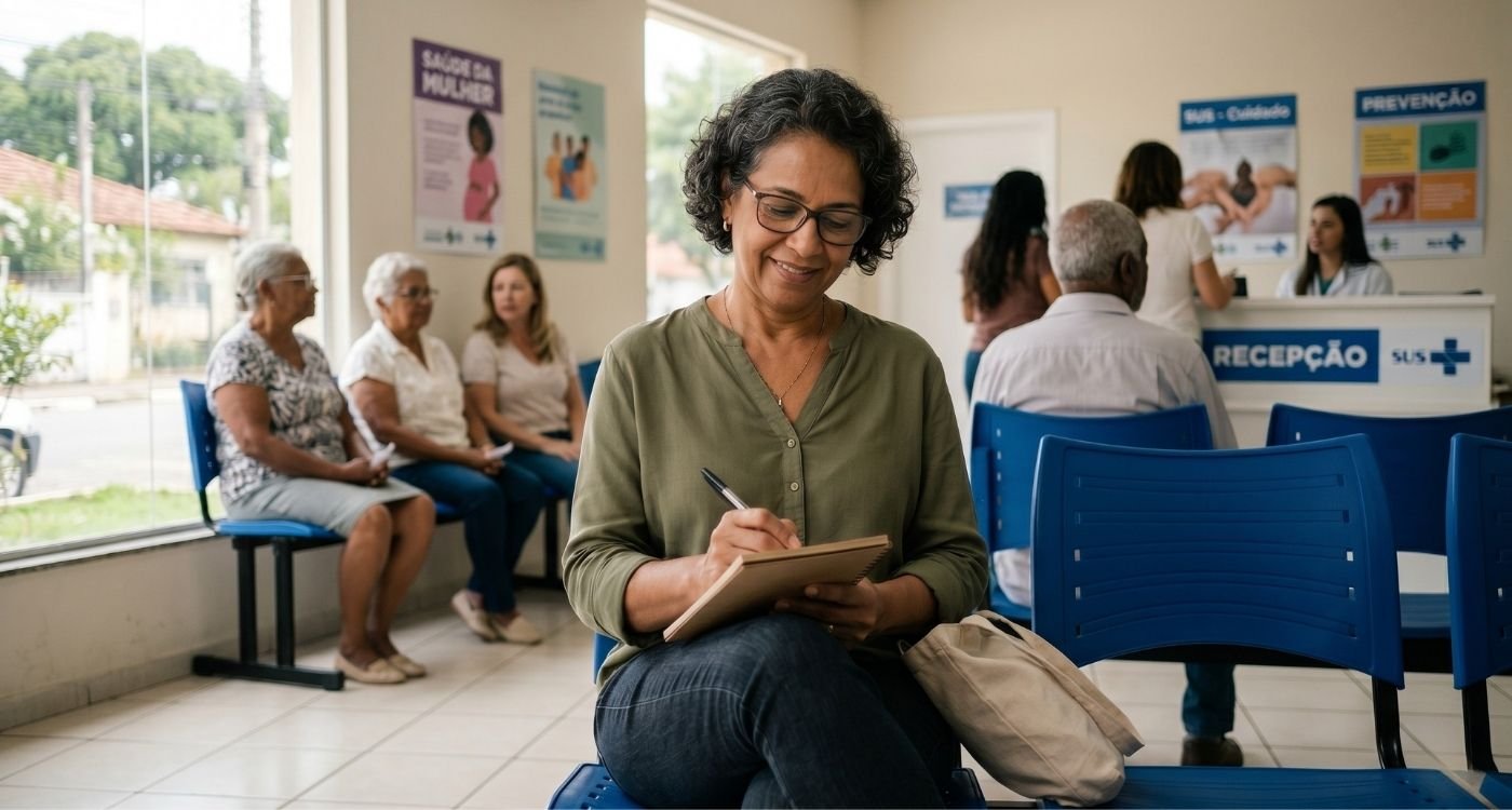 Mulher anotando sintomas antes da consulta na UBS, em guia prático sobre climatério no SUS.