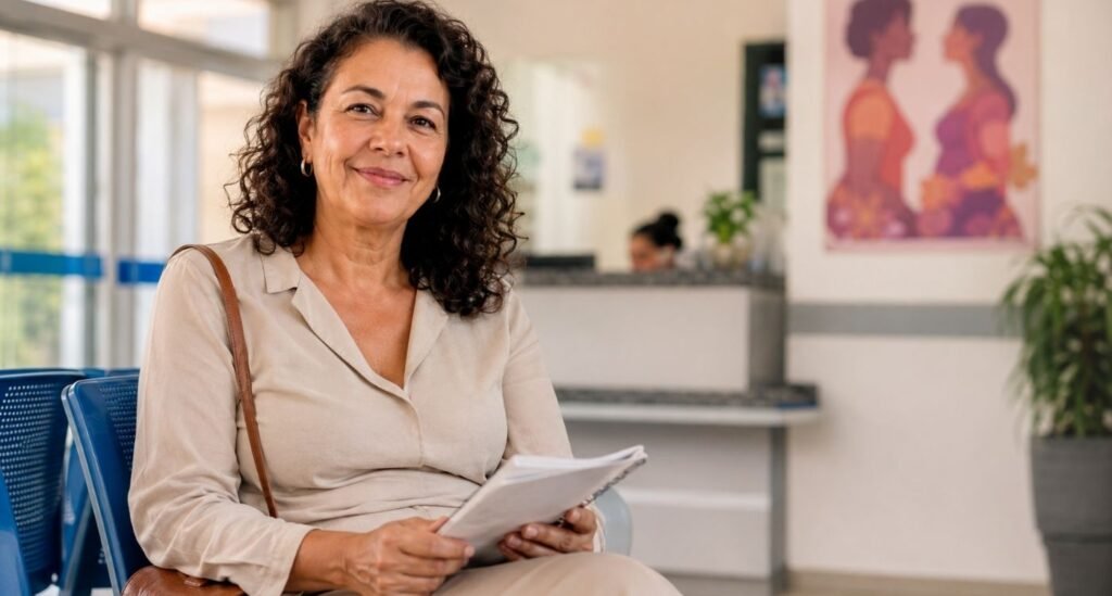 Mulher 40+ sendo acolhida em uma unidade de saúde, representando climatério no SUS e acesso ao cuidado.