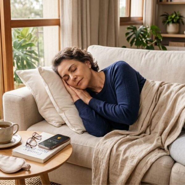 Mulher na perimenopausa descansando durante o dia, representando cochilos na menopausa e cuidado com o sono.