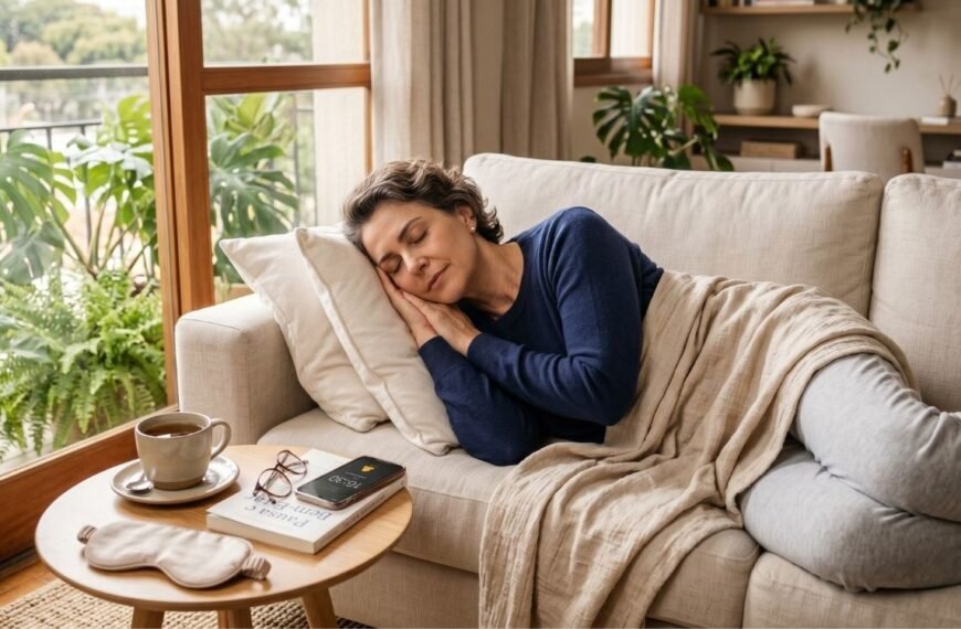 Mulher na perimenopausa descansando durante o dia, representando cochilos na menopausa e cuidado com o sono.