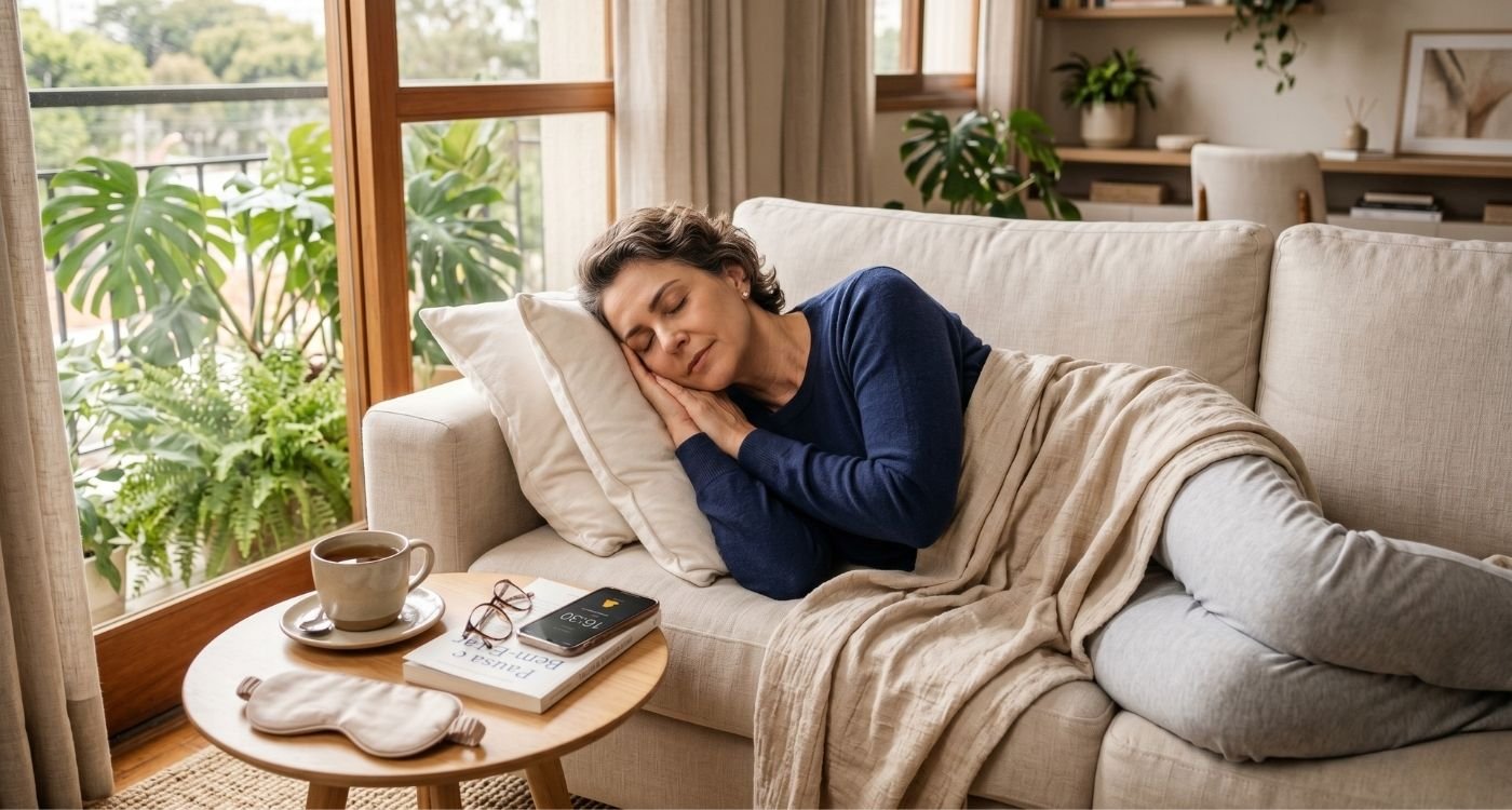 Mulher na perimenopausa descansando durante o dia, representando cochilos na menopausa e cuidado com o sono.