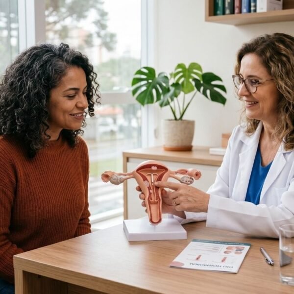 Mulher em consulta ginecológica conversando sobre diu hormonal na perimenopausa.