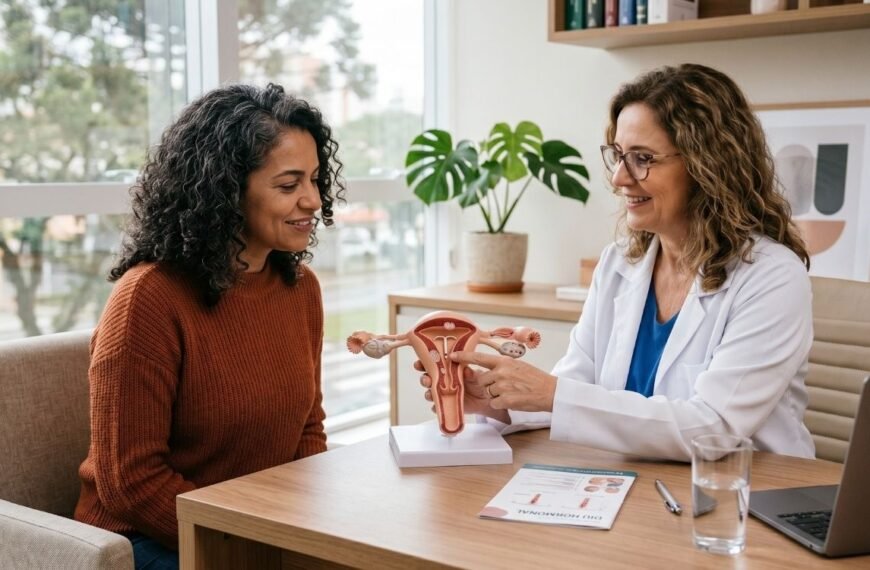 Mulher em consulta ginecológica conversando sobre diu hormonal na perimenopausa.