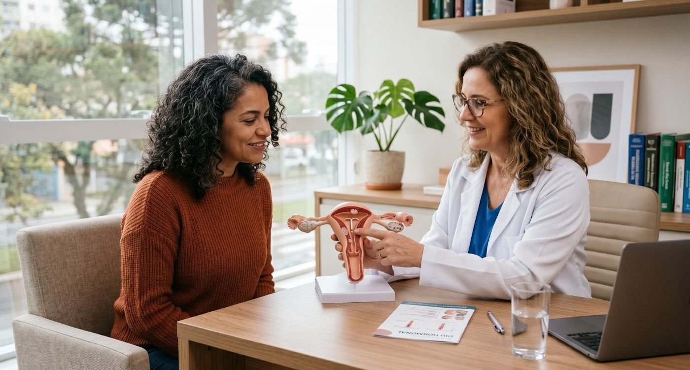 Mulher em consulta ginecológica conversando sobre diu hormonal na perimenopausa.