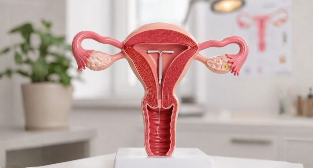 Modelo anatômico do útero em orientação médica sobre diu hormonal na perimenopausa.