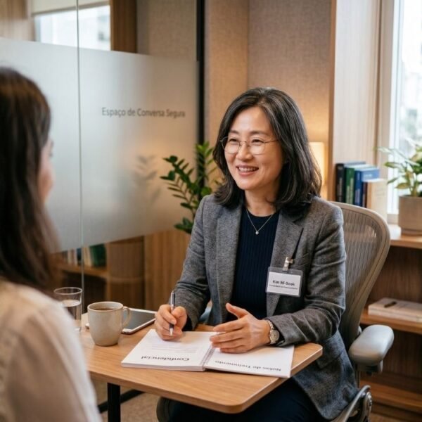 Mulher na menopausa sendo acolhida por sua gestora em conversa reservada e segura no ambiente de trabalho.