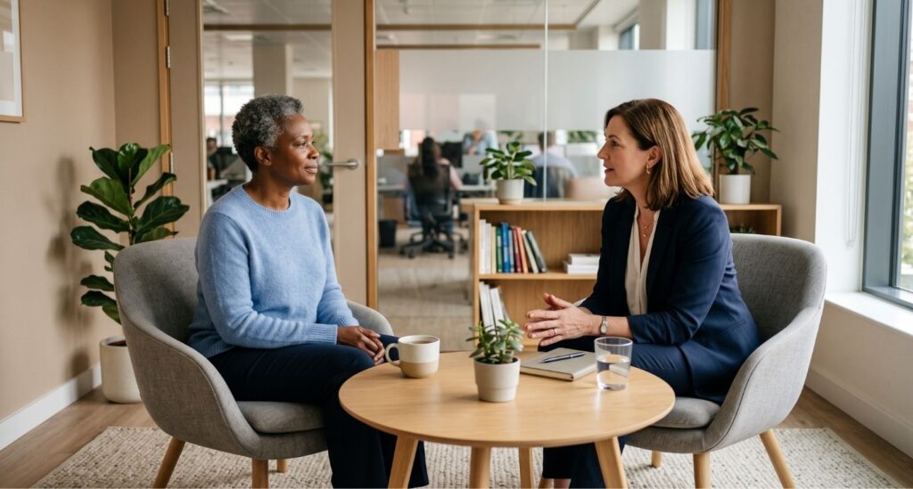 Mulher madura em conversa acolhedora no trabalho sobre direitos na menopausa e saúde sem constrangimento.