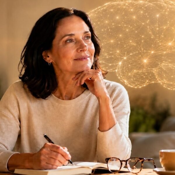 Mulher madura em ambiente acolhedor, com expressão serena e pensativa, representando a relação entre estrogênio e cérebro na menopausa.