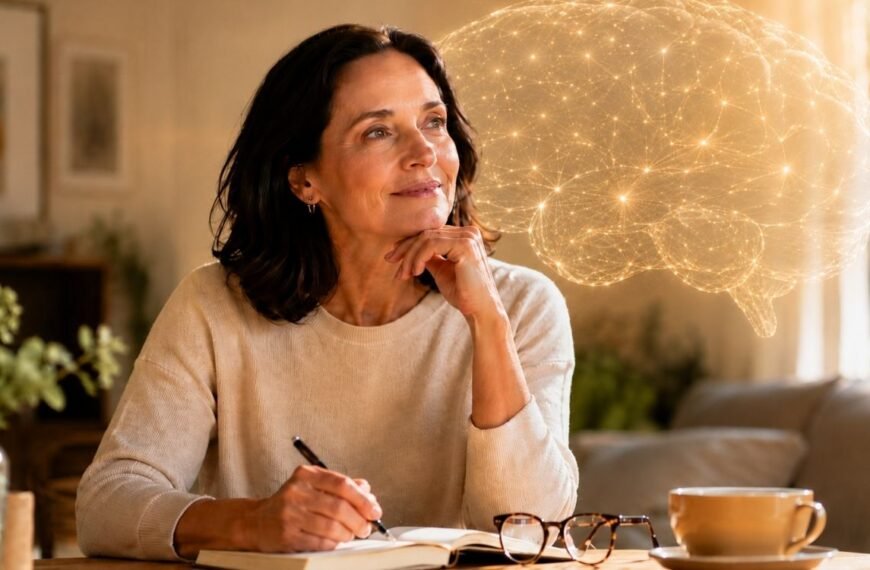 Mulher madura em ambiente acolhedor, com expressão serena e pensativa, representando a relação entre estrogênio e cérebro na menopausa.