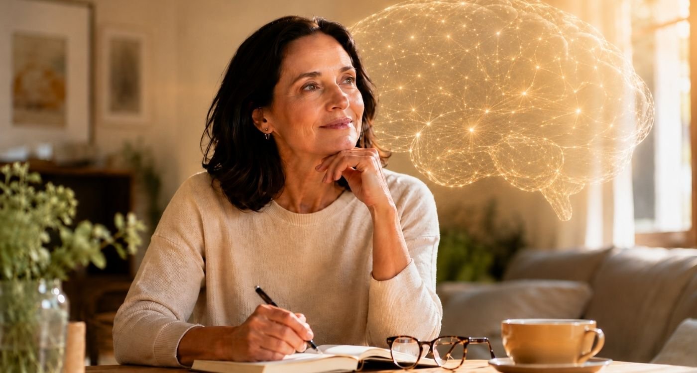 Mulher madura em ambiente acolhedor, com expressão serena e pensativa, representando a relação entre estrogênio e cérebro na menopausa.