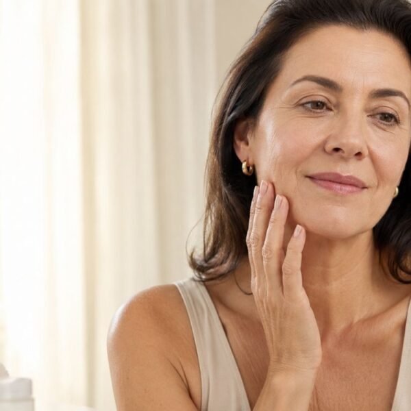 Mulher 50+ tocando suavemente o rosto em frente ao espelho, representando flacidez facial na menopausa.