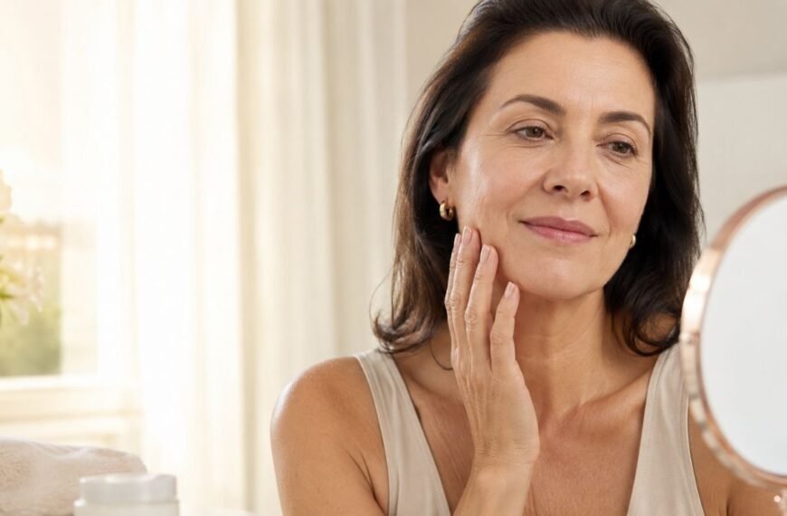 Mulher 50+ tocando suavemente o rosto em frente ao espelho, representando flacidez facial na menopausa.