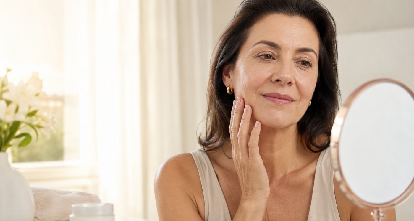 Mulher 50+ tocando suavemente o rosto em frente ao espelho, representando flacidez facial na menopausa.
