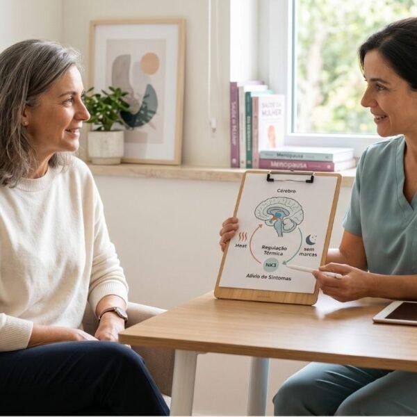 Mulher em consulta médica aprendendo sobre inibidores NK3 na menopausa e tratamentos não hormonais para fogachos.