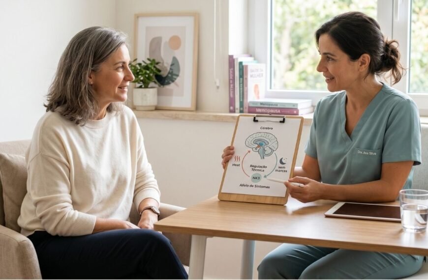 Mulher em consulta médica aprendendo sobre inibidores NK3 na menopausa e tratamentos não hormonais para fogachos.