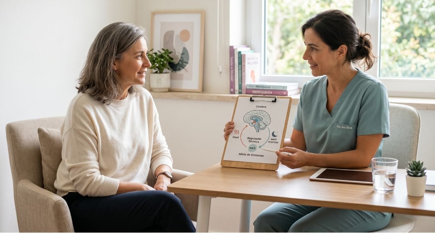 Mulher em consulta médica aprendendo sobre inibidores NK3 na menopausa e tratamentos não hormonais para fogachos.