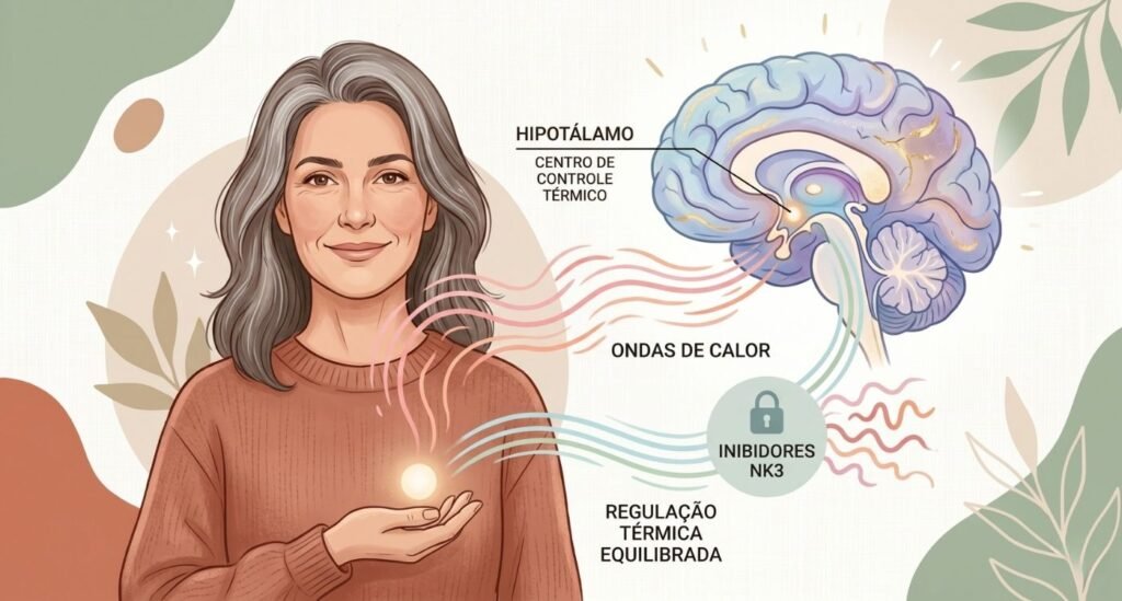 Ilustração acolhedora do cérebro e do controle de temperatura corporal explicando inibidores NK3 na menopausa.
