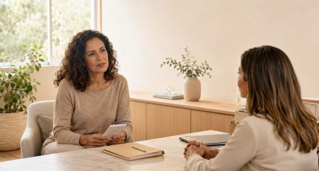 Mulher de 50 anos em consulta médica acolhedora conversando sobre medo de hormônios na menopausa.