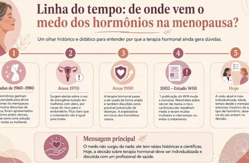Linha do tempo visual explicando o medo de hormônios na menopausa de forma histórica e didática.